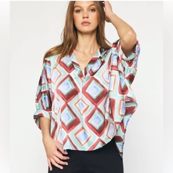 entro Tops - Entro Watercolor Diamond Oversized Blouse
